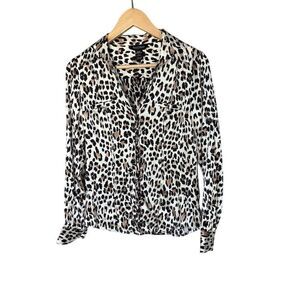 White House Black Market Women's Leopard Print Silk Button Down Blouse Size 2
